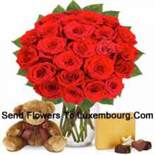 25 Rosas com Chocolates Deliciosos e Urso de Pelúcia