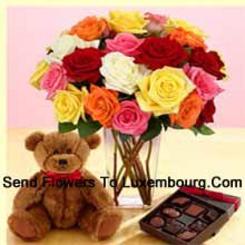 25 Mixed Roses with Cute Teddy and Chocolates