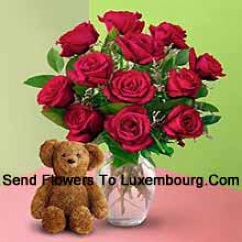 11 Roses in Vase with Teddy