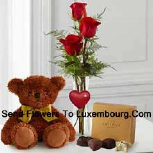 3 Rosas Vermelhas com Urso de Pelúcia e Chocolates