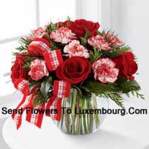 Roses and Carnations with Greens in Vase